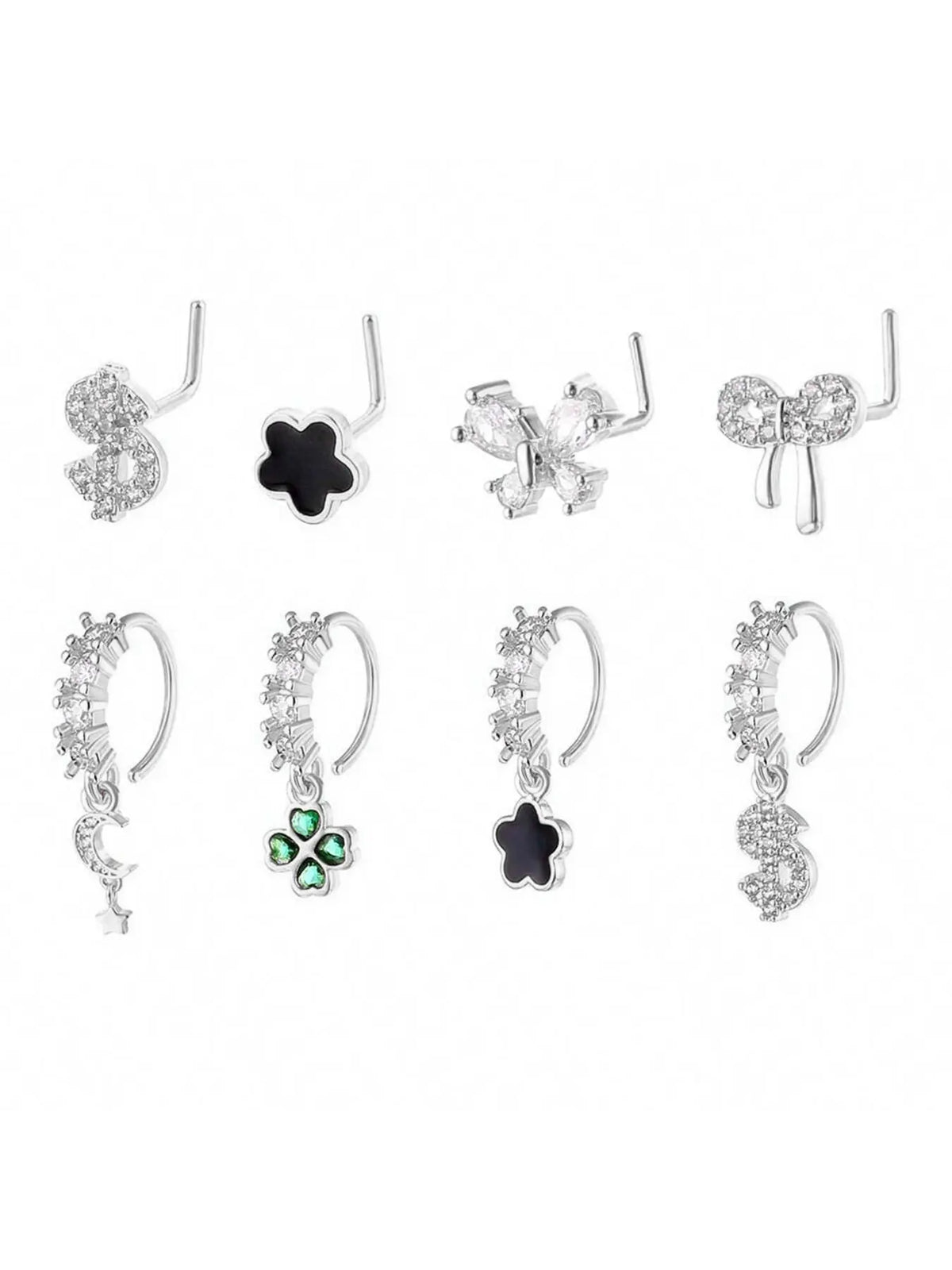 8/10/20 Pieces 20g Dangle Nose Ring, Nose Rings L Shaped, L-Shaped Hanging Stud, Stainless Steel, Cz Flower Pendant, Women's Nose Jewelry, All Seasons