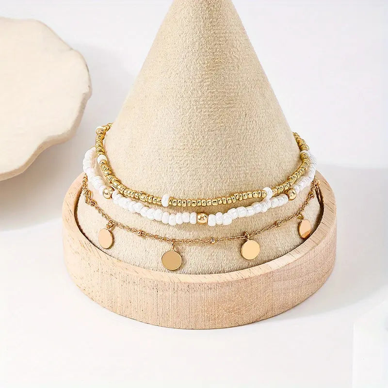 3Pcs Bohemian Rice Beads Anklet Set Multi-layer Ethnic Adjustable Handmade Seed Bead Women Ankle Chain Metal Round Piece Drop Foot Jewelry Vacation Travel Beach Bracelet Jewelry Stackable Foot Chain Set