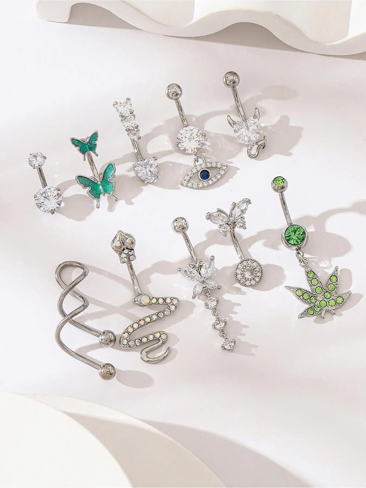 Women's Rhinestone Decorated Charms Belly Piercing Chic Body Jewelry, Body Piercings Set, Belly Button Rings, New Summer 2024 Butterfly & Eye & Snake & Heart Navel Real Jewelry Sets for Women Girls, Body Jewellery