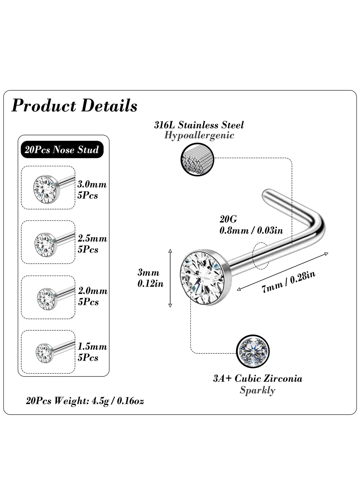 20Pcs 20G Nose Rings Studs for Women Men Hypoallergenic Surgical Steel Nose Stud L Shape Nose Ring Nose Screw Multiple Sizes 1.5/2/2.5/3mm Nose Piercing Jewelry, Body Piercings, Plain Pattern Nose Studs for Daily & Party Wear Body Jewelry Perfect Gift