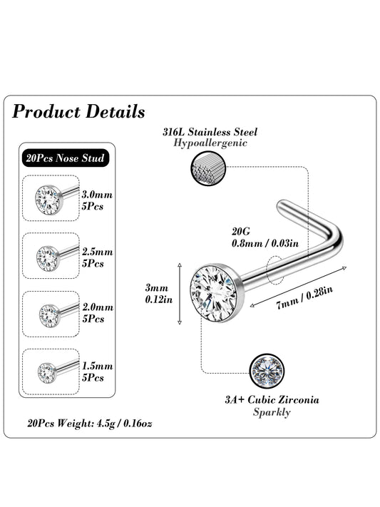 20Pcs 20G Nose Rings Studs for Women Men Hypoallergenic Surgical Steel Nose Stud L Shape Nose Ring Nose Screw Multiple Sizes 1.5/2/2.5/3mm Nose Piercing Jewelry, Body Piercings, Plain Pattern Nose Studs for Daily & Party Wear Body Jewelry Perfect Gift