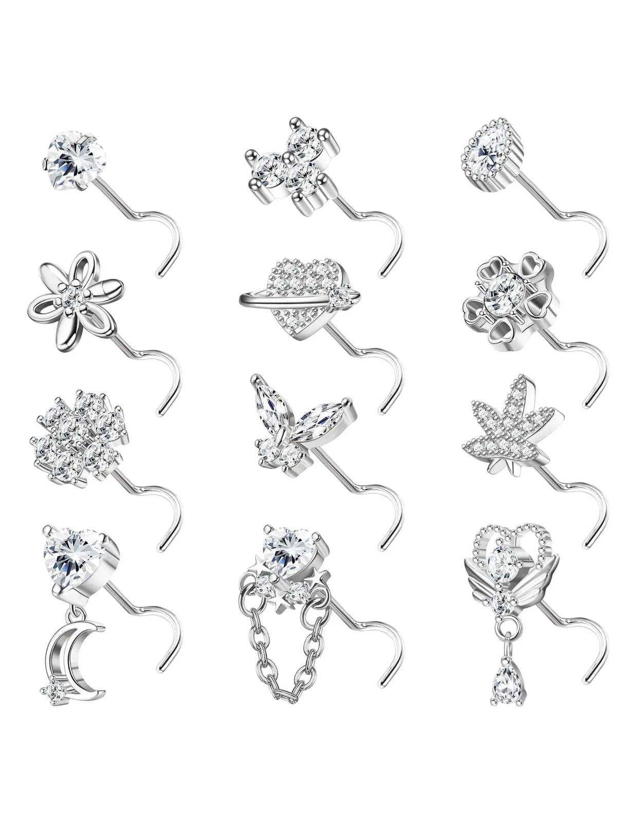 12 PCS 20G Nose Rings Stainless Steel, S/L Shaped Nose Studs for Women Men, CZ Heart Butterfly Flower Leaf Moon Dangle Cute Nose Piercings Studs Screw Jewelry Pink/Purple/Blue/Clear