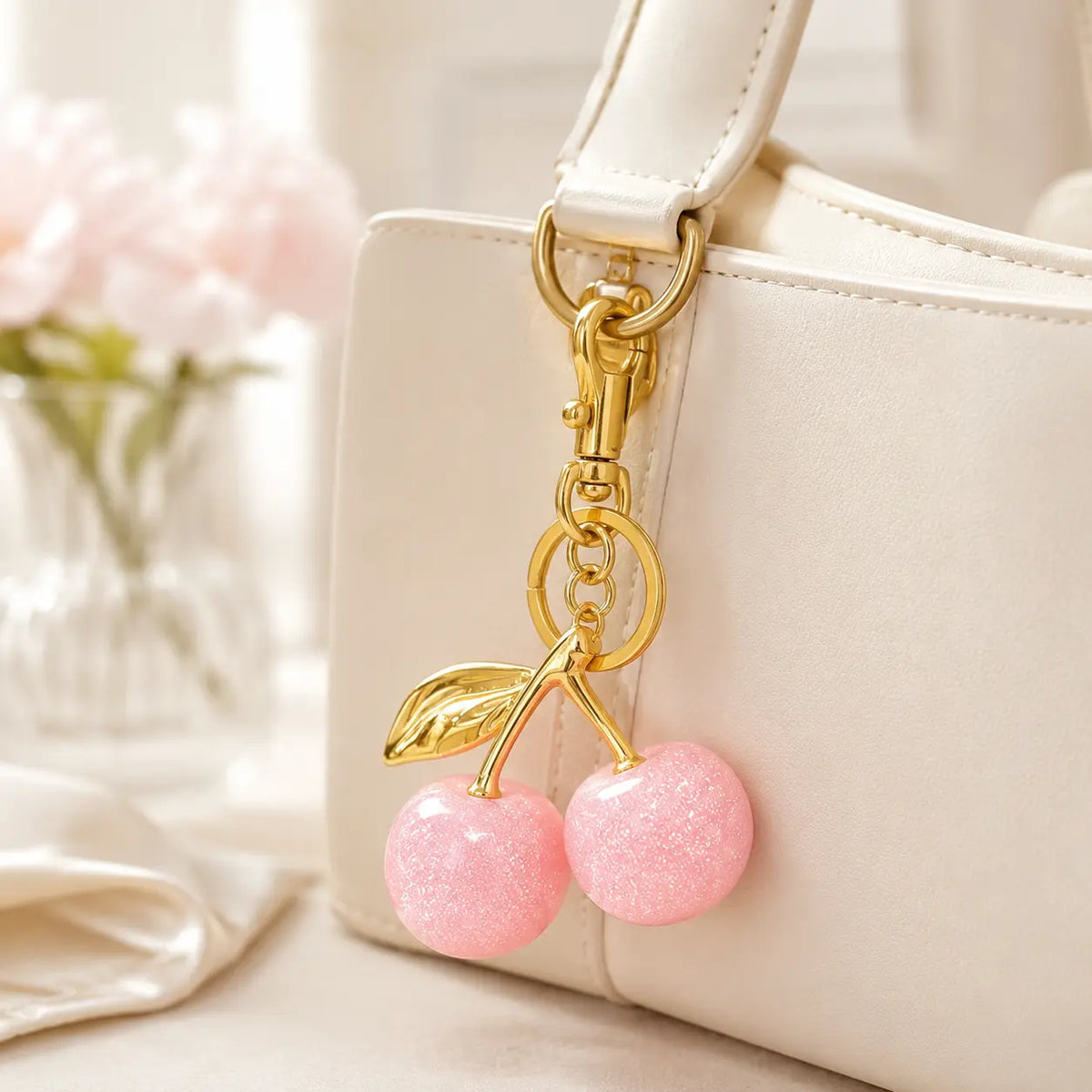 Graceful Enclave Cherry Keychain Bag Charm Cute-Elegant Leather Keyring for Women Adorable Accessory for Purses Handbags Car Keys Ideal Romantic Gift for Anniversary Wedding