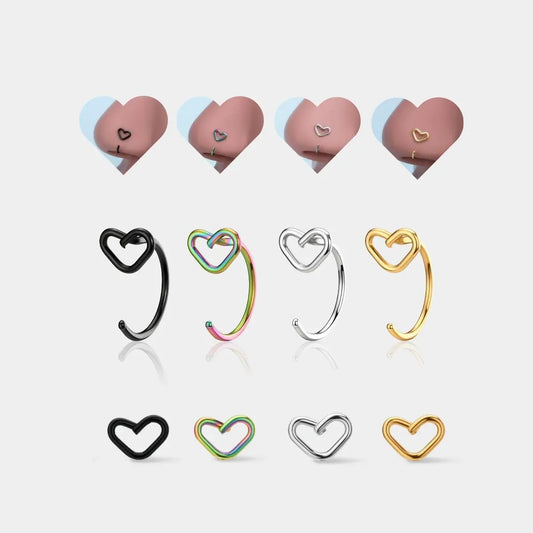 OUFER Women's 4-Piece 20G Stainless Steel Nose Rings Set - Tarnish-Free Female Nose Piercing Jewelry, Elegant Everyday Heart Accessories, Love Gift