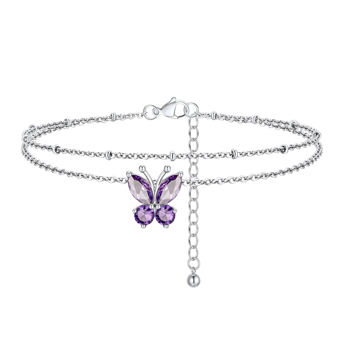 FindChic Women's Trendy Fashionable Accessories 2-Layered Non-Tarnish Tarnish-Proof Butterfly Birthstone Anklet, Zircon-Inlaid Cubic Zirconia Bling Jewellery for Adults, Summer Beach Daily Gift Ankle Bracelet