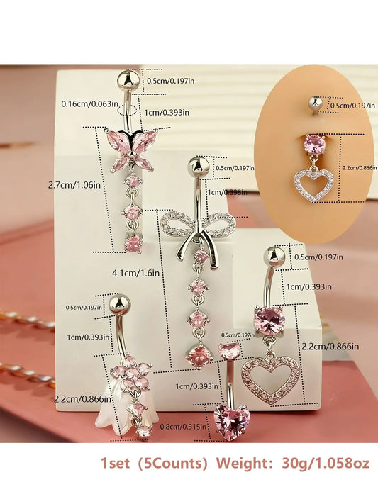 5 Styles Cubic Zirconia Dangle Belly Rings Kit, Hypoallergenic 316L Surgical Steel Long Drop Heart Hollow Heart Floral Butterfly Bow Navel Piercing Jewelry, Women Cute Body Belly Button Piercing Accessories For Women Body Jewellery
