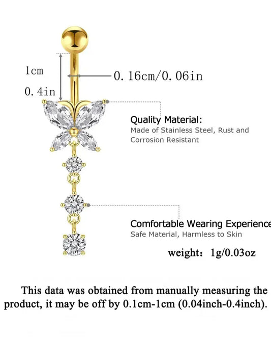 YLNWH Rhinestone Decor Belly Button Ring Navel Ring, Cute Butterfly Flower & Love Heart Charm Belly Ring, Chic Body Piercing Jewelry for Women & Girls Valentine's Day Gift