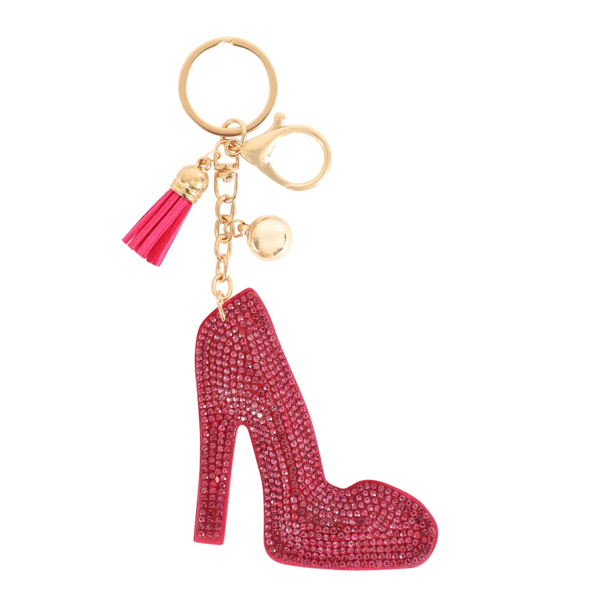 High Heels Rhinestone Tassel Keychain - Pink Glitter Shoe Charm with Gold Tone Hardware