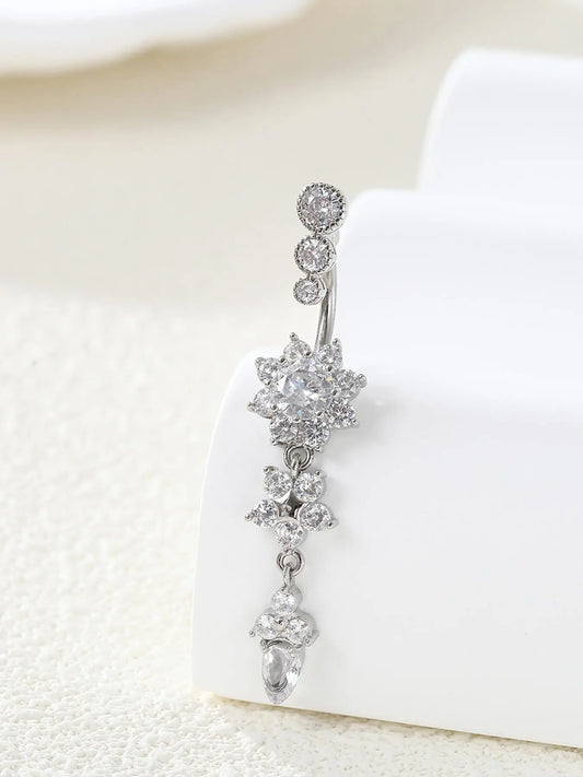 Women's Rhinestone Flowers Decor Belly Ring, Body Piercing Jewelry, Navel Piercing Jewelry, Rhinestone Decorated Belly Button Ring, Elegant Flower Design Belly Piercing for Women, Jewelry Gifts, Body Jewellery