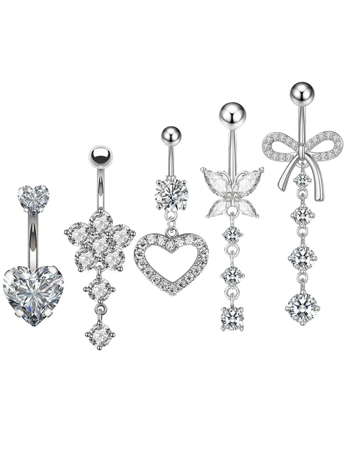 5 Styles Cubic Zirconia Dangle Belly Rings Kit, Hypoallergenic 316L Surgical Steel Long Drop Heart Hollow Heart Floral Butterfly Bow Navel Piercing Jewelry, Women Cute Body Belly Button Piercing Accessories For Women Body Jewellery