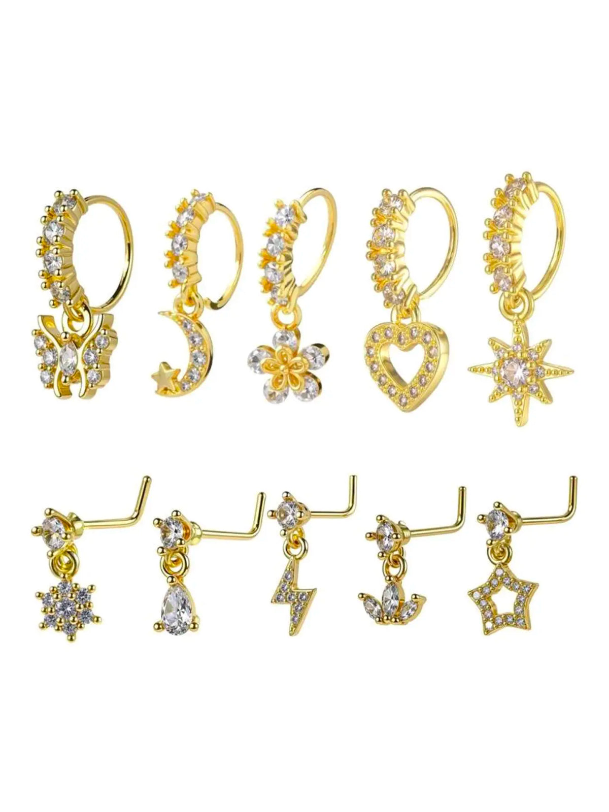 8/10/20 Pieces 20g Dangle Nose Ring, Nose Rings L Shaped, L-Shaped Hanging Stud, Stainless Steel, Cz Flower Pendant, Women's Nose Jewelry, All Seasons