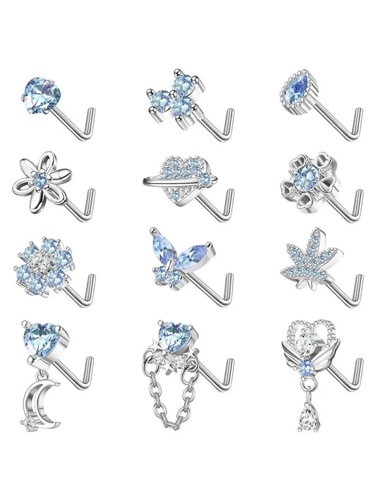 12 PCS 20G Nose Rings Stainless Steel, S/L Shaped Nose Studs for Women Men, CZ Heart Butterfly Flower Leaf Moon Dangle Cute Nose Piercings Studs Screw Jewelry Pink/Purple/Blue/Clear