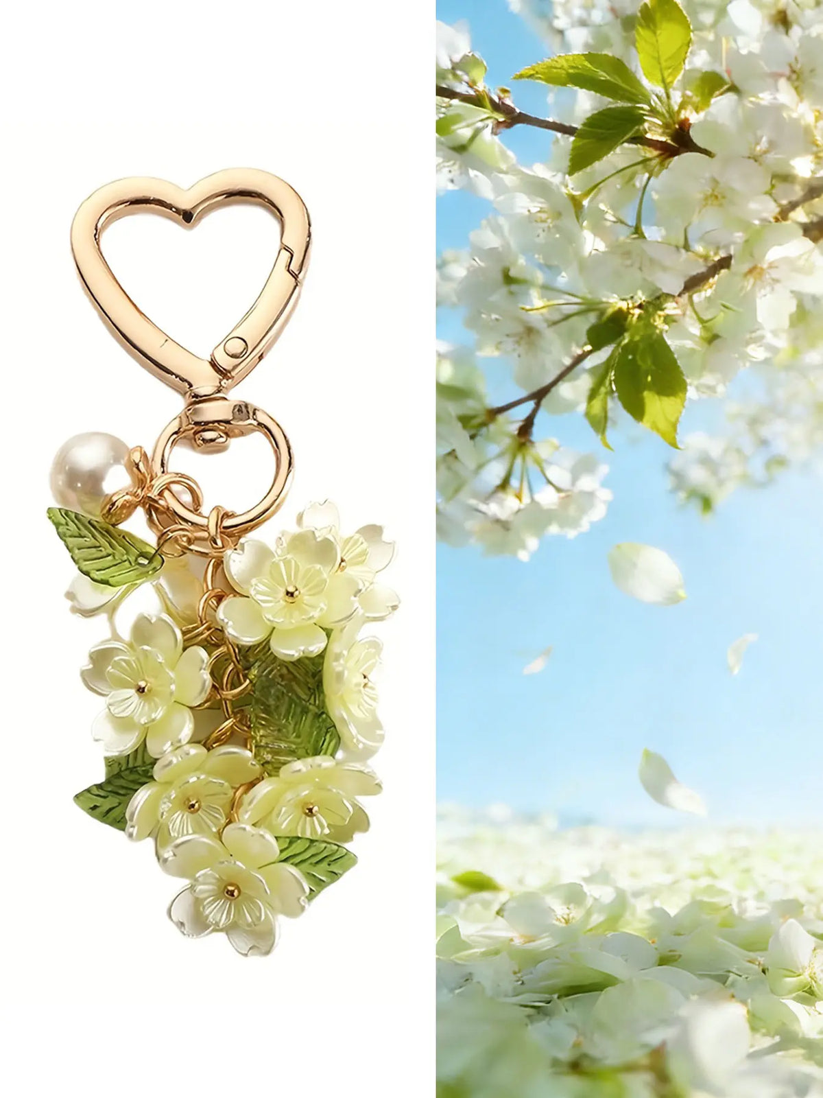 Romantic Heart-Shaped Cherry Keychain, Pink Enamel Cherry Blossom Pendant, Trendy Cute Keychain, Faux Pearl & Flower Clusters Bag Charm Keyring Accessory Valentine/Mother's Day, Aesthetic Keychain