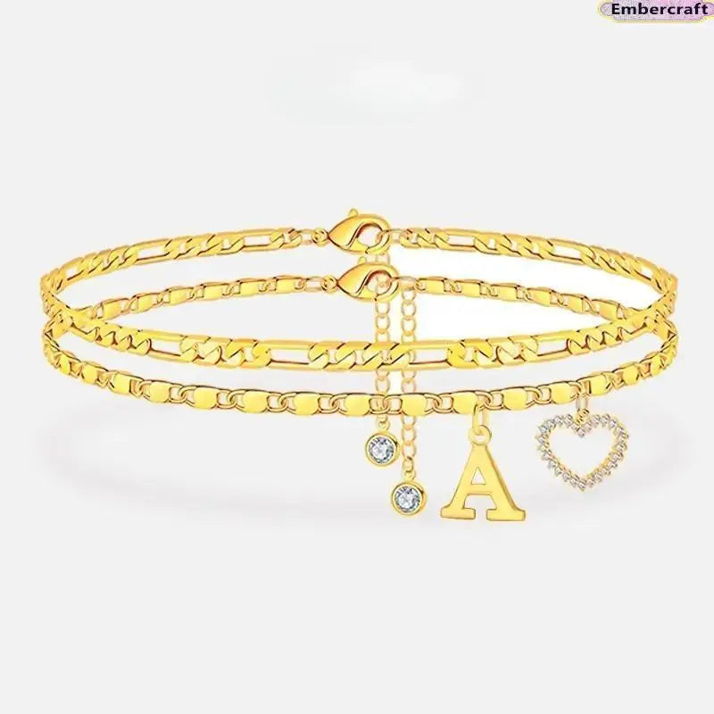 Women's Personalized Initial Alphabet Theme Anklet - Double Layer Gold Metal Coating Heart Charm, Adjustable Dainty Minimalist Stackable Chain, Aesthetic Alt Fashion Jewelry, Holiday Gift Idea, Fashion Accessories