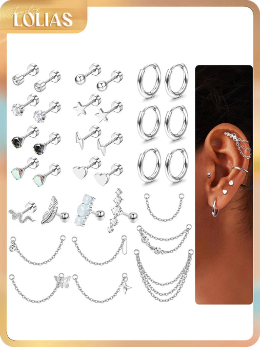 LOLIAS Women's 33Pcs 20G Surgical Steel Cartilage Earring Set - Hypoallergenic Flat Back/Push Back Studs, Hoops, 7 Chain Dangles, Trendy Iridescent Chain, CZ Opal Jewelry for Conch Piercings, Earring Stack, 10mm, Birthday Gift, Body Piercing Kit
