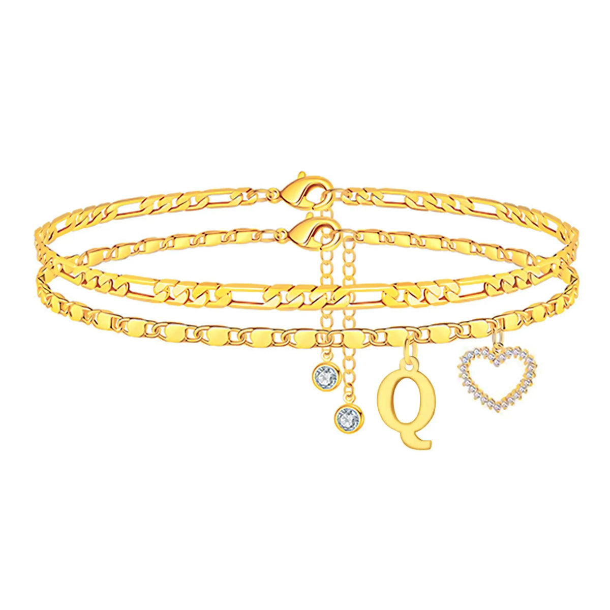 Women's Personalized Initial Alphabet Theme Anklet - Double Layer Gold Metal Coating Heart Charm, Adjustable Dainty Minimalist Stackable Chain, Aesthetic Alt Fashion Jewelry, Holiday Gift Idea, Fashion Accessories