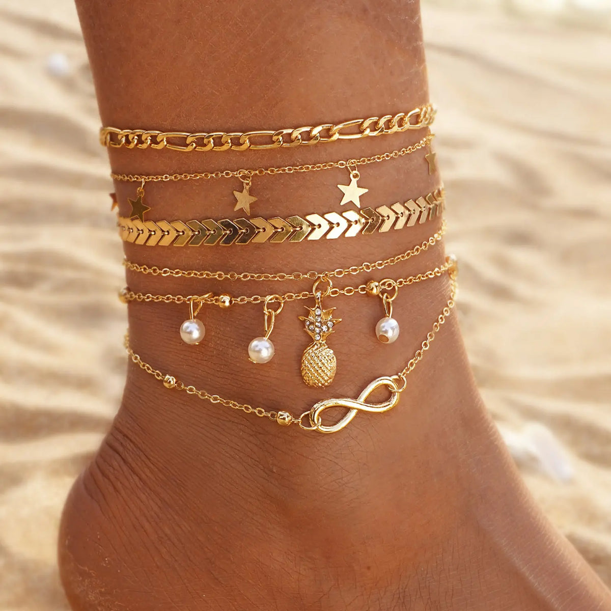 Female Women's Layered Gold Nylon Anklets Set - Retro Coin, Star, Butterfly Heart, Boho Pearl, Infinity Pendant Fashion Chic Accessories, Trendy Wearable Jewelry, Elegant Beach Summer Holiday Gift