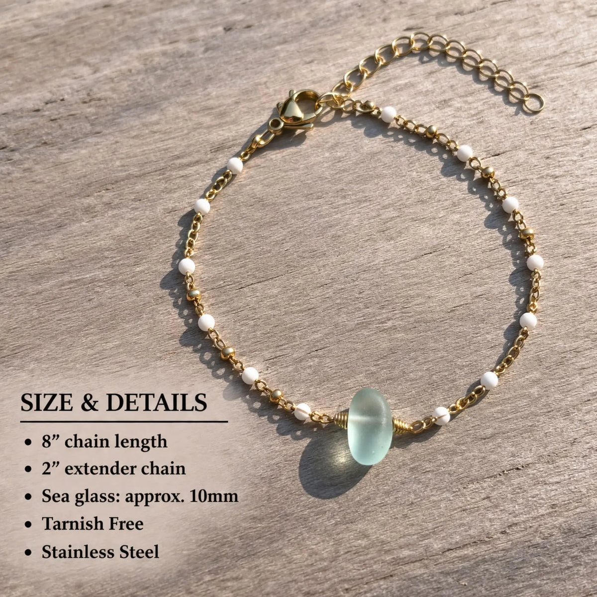 Sea Glass Anklet Gold, Dainty Beach Anklet, Handmade Sea Glass Jewelry, Adjustable Waterproof Anklet Bracelet, Coastal Summer Anklet Gift