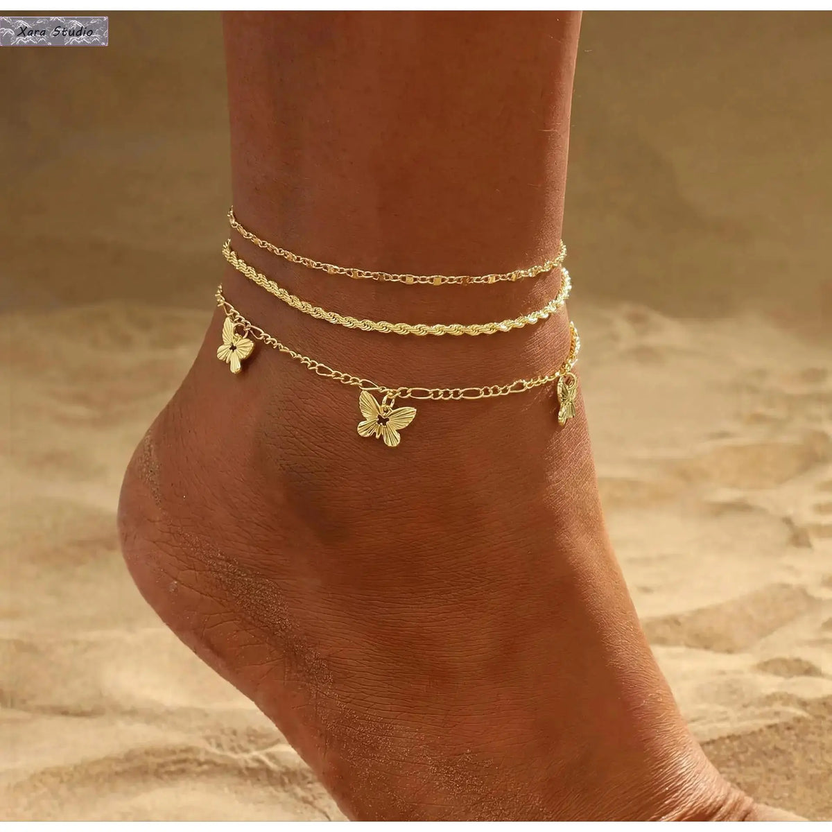 Women's Elegant Gold Layered Cuban Chain Link Anklet Set - Chic Motifs Heart Butterfly, Waterproof Beach Foot Chains, Dainty Stackable Ankle Bracelets, Summer Vacation Gift, Non-Tarnish Female Accessories for Women