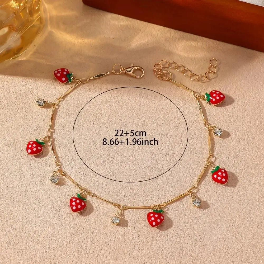 Women's Stainless Steel Bohemian Minimalist Chain Jewelry Anklet - Non-Customized Synthetic Strawberry Red Drip-Glaze Glass Pendant, Geometric Alloy Chain with Metal Coating, Casual Beach Vacation Gift