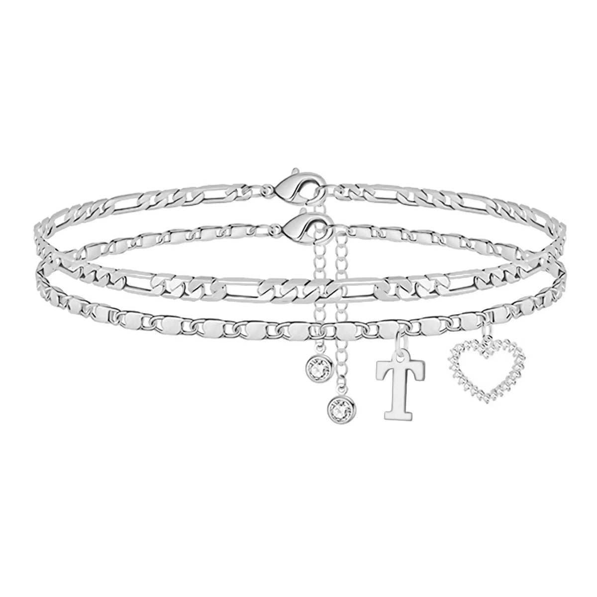 Women's Personalized Initial Alphabet Theme Anklet - Double Layer Gold Metal Coating Heart Charm, Adjustable Dainty Minimalist Stackable Chain, Aesthetic Alt Fashion Jewelry, Holiday Gift Idea, Fashion Accessories