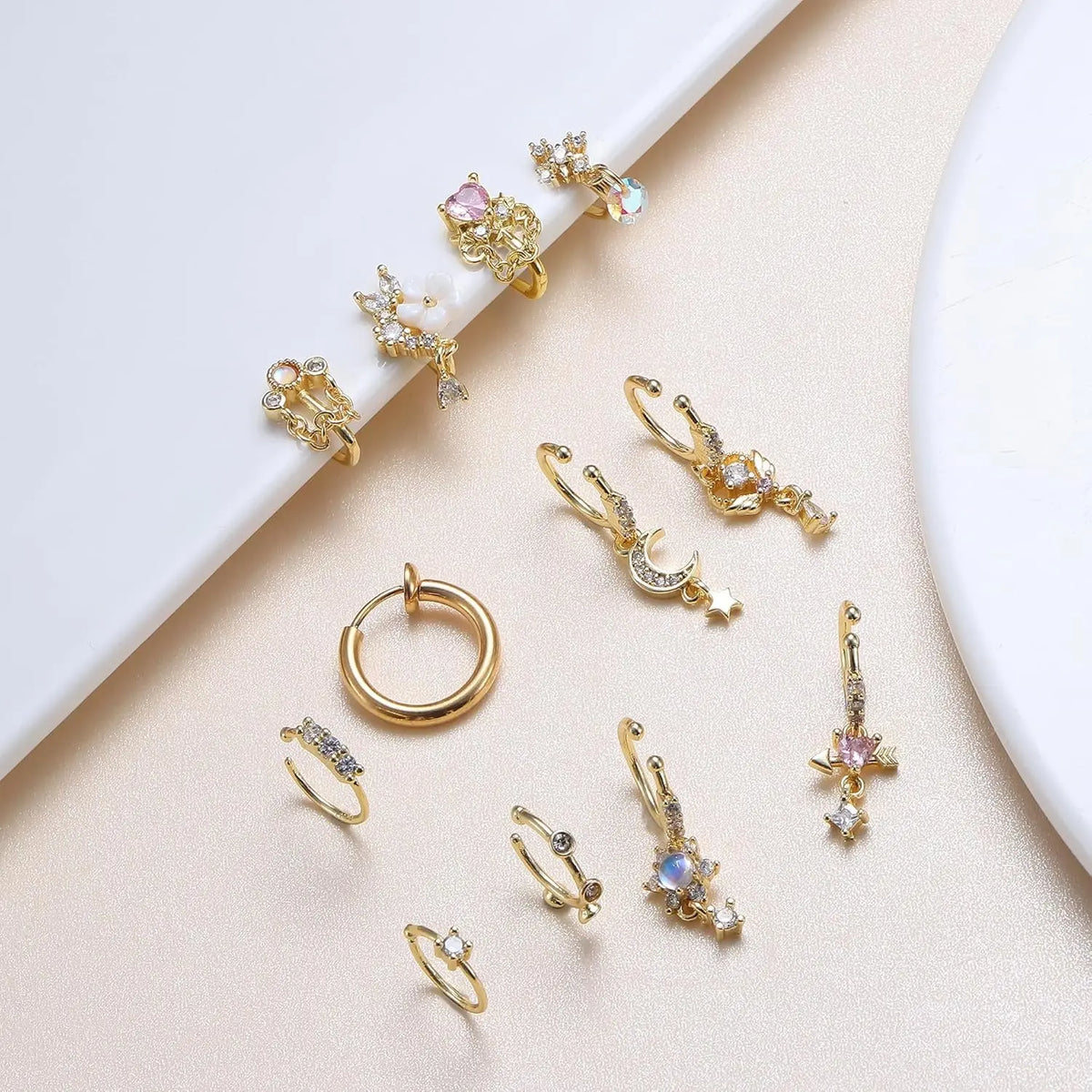 Adjustable Fake Piercings Set, 12-16Pcs Stainless Steel Non-Piercing Jewelry - Gold/Silver CZ Dangle Nose Cuffs, Hoop Clips for Women - Cartilage Tragus Nose Clips