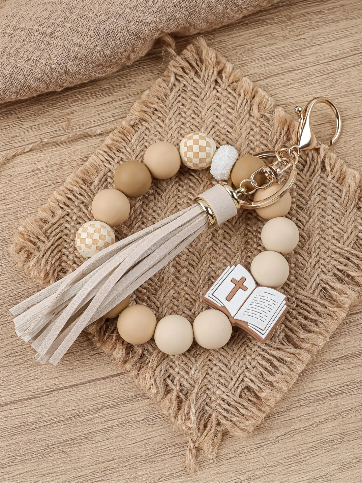 Christian Bible Cross Keychain, Mother's Day Gift for Mom, Faith Beaded Wristlet Keychain, Religious Boho Bag Charm, Key Charms, 1 Count