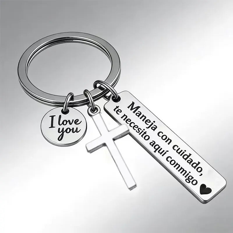 Maneja Con Cuidado Te Necesito Aquí Conmigo Keychain with Cross & "I Love You" Charm, Spanish Drive Safe Stainless Steel Keyring, Romantic Religious Gift for Him/Her Adjustable Heart Rate Couples Bracelet Set Rotating Retractable Reading Badge Holder-MM1