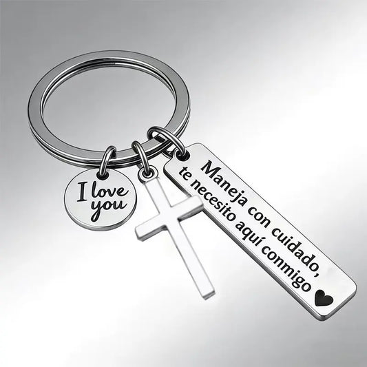 Maneja Con Cuidado Te Necesito Aquí Conmigo Keychain with Cross & "I Love You" Charm, Spanish Drive Safe Stainless Steel Keyring, Romantic Religious Gift for Him/Her Adjustable Heart Rate Couples Bracelet Set Rotating Retractable Reading Badge Holder-MM1