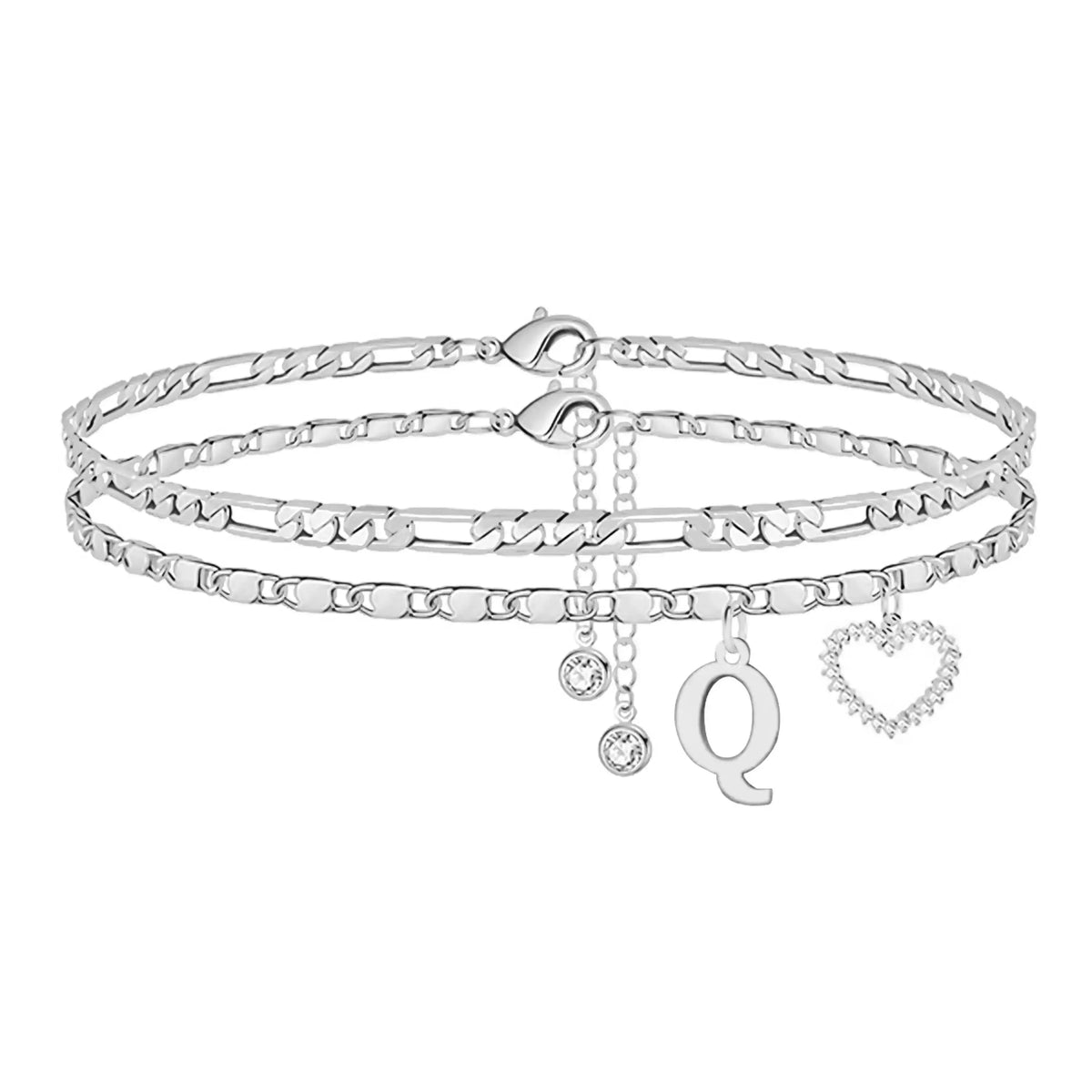 Women's Personalized Initial Alphabet Theme Anklet - Double Layer Gold Metal Coating Heart Charm, Adjustable Dainty Minimalist Stackable Chain, Aesthetic Alt Fashion Jewelry, Holiday Gift Idea, Fashion Accessories