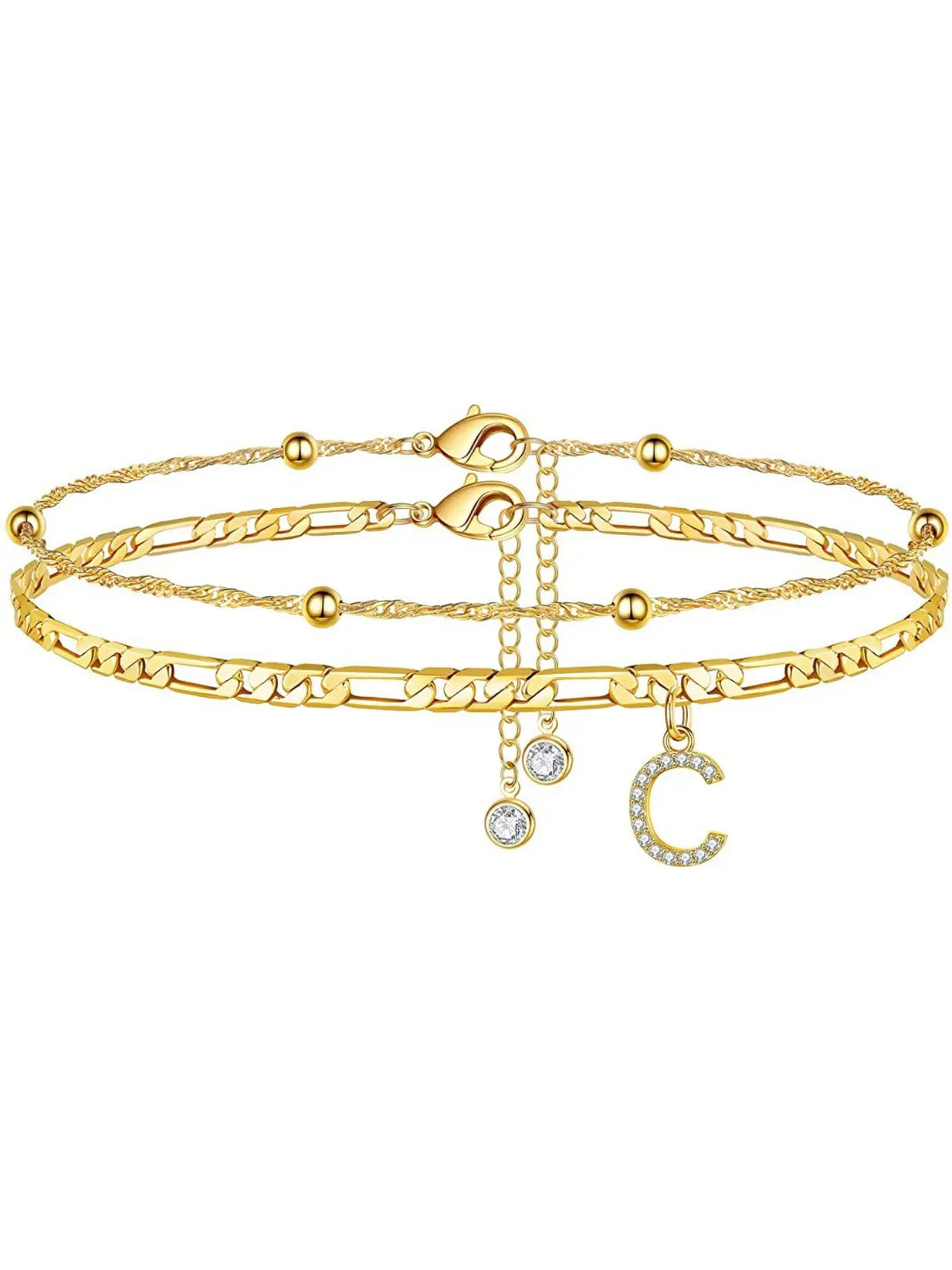 Ladies' ankle bracelet, exquisite layered chain CZ initials ankle chain, Anklets, summer jewelry gift, Elegant Accessory;Adjustable design, very suitable for women. It is a must-have item for summer and an ideal Valentine's Day gift.