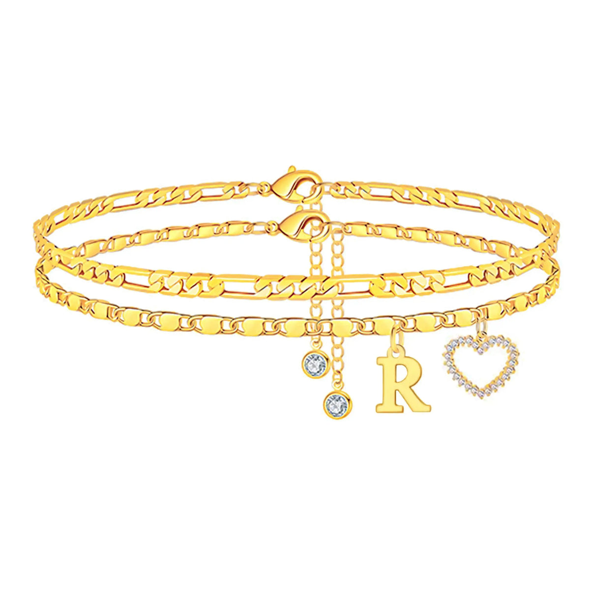 Women's Personalized Initial Alphabet Theme Anklet - Double Layer Gold Metal Coating Heart Charm, Adjustable Dainty Minimalist Stackable Chain, Aesthetic Alt Fashion Jewelry, Holiday Gift Idea, Fashion Accessories