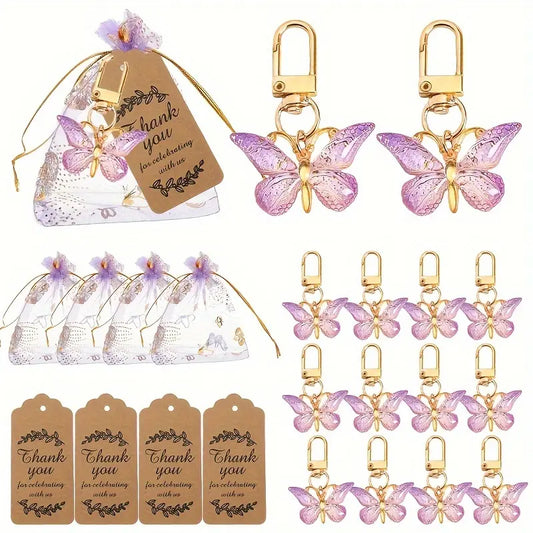 36pcs Purple Butterfly Mini Keychain Party Favor Set - 12 Keychains, Cards, Yarn Bags, Happy Birthday Packaged Party Gifts