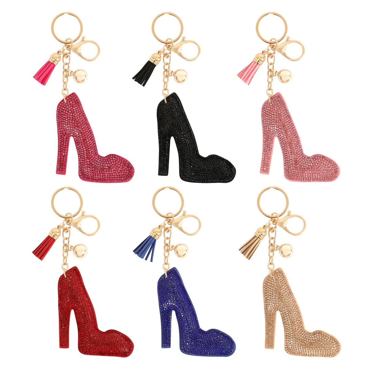 High Heels Rhinestone Tassel Keychain - Pink Glitter Shoe Charm with Gold Tone Hardware
