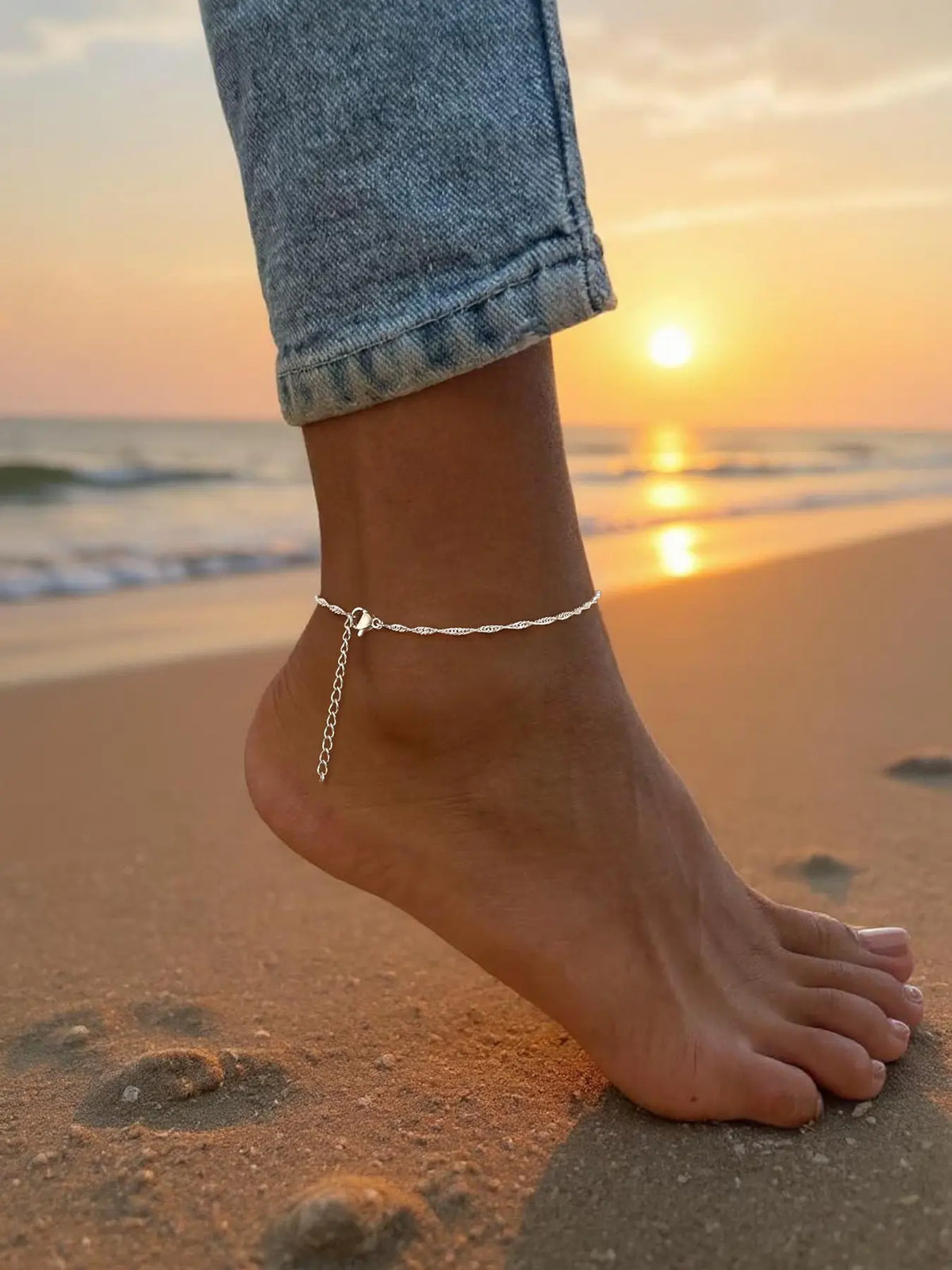 Women's Elegant Silver Color Twist Anklet, Adjustable Geometric Ankle Chain, Casual Summer Foot Jewelry, Trendy Gift Idea, Fashionable Accessory