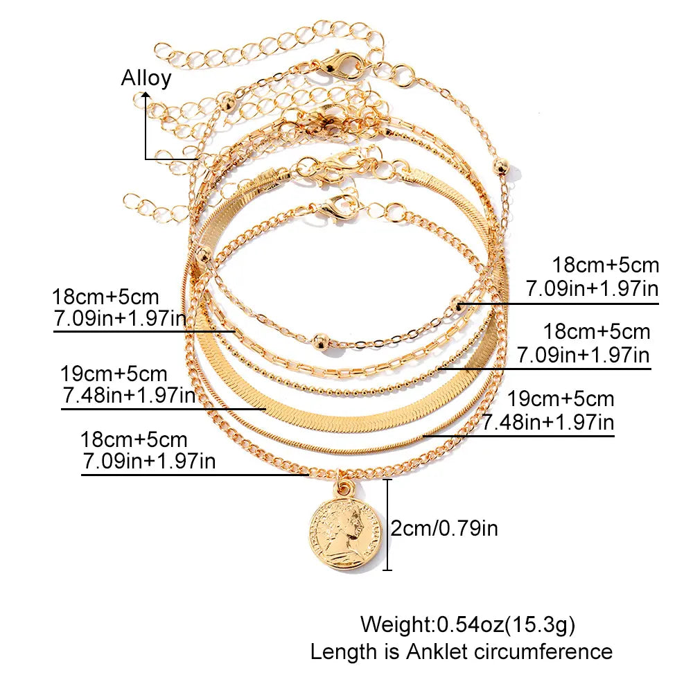 Female Women's Layered Gold Nylon Anklets Set - Retro Coin, Star, Butterfly Heart, Boho Pearl, Infinity Pendant Fashion Chic Accessories, Trendy Wearable Jewelry, Elegant Beach Summer Holiday Gift