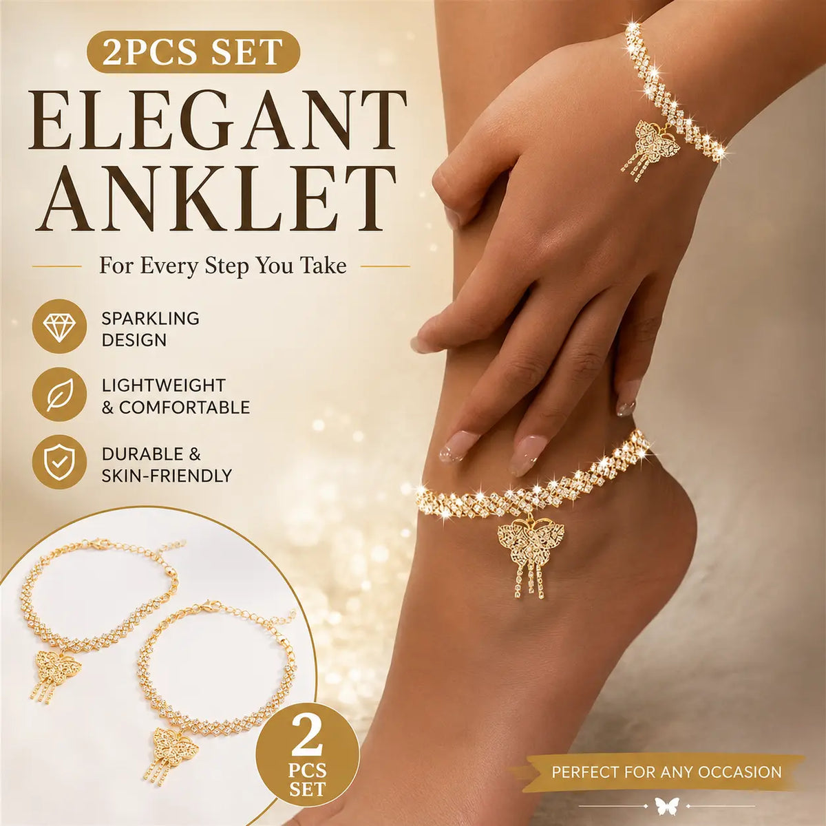 Women's 2-Piece Sparkling Claw Chain Jewelry Set - Female Bracelet & Anklet with Butterfly Charm, Bow Accent, Metal Coating (Gold, Silvery), Date-Night Glam for Engagement & Beach Parties, Arm Candy