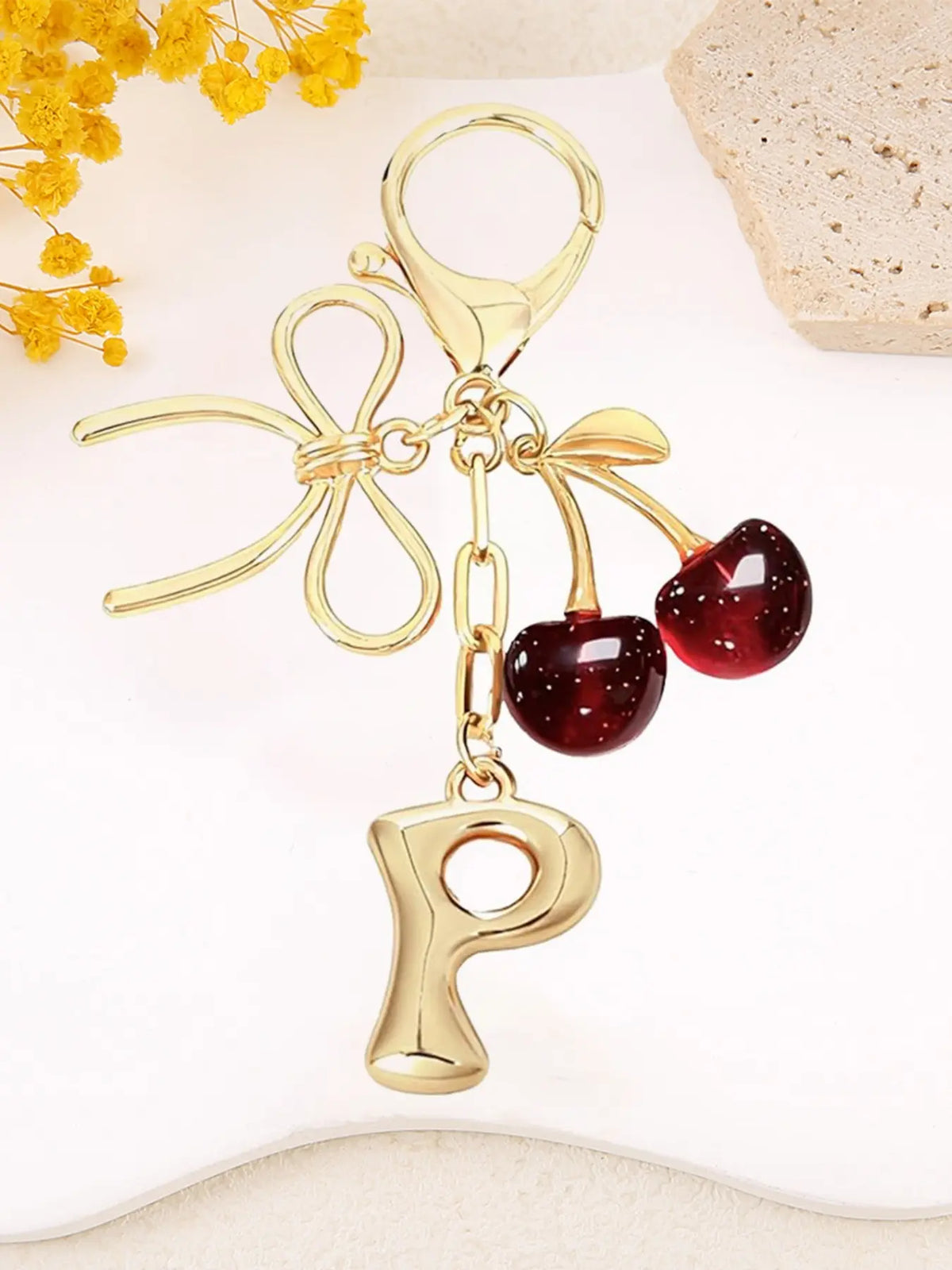 Women's Cherry Bow Letter Pendant Keychain, Cherry Design, Bow Accent, Casual Style Wallet, Handbag and Backpack Accessory, Keychain for Bags, Car Keychain for Students, Cherry Bow Keychains