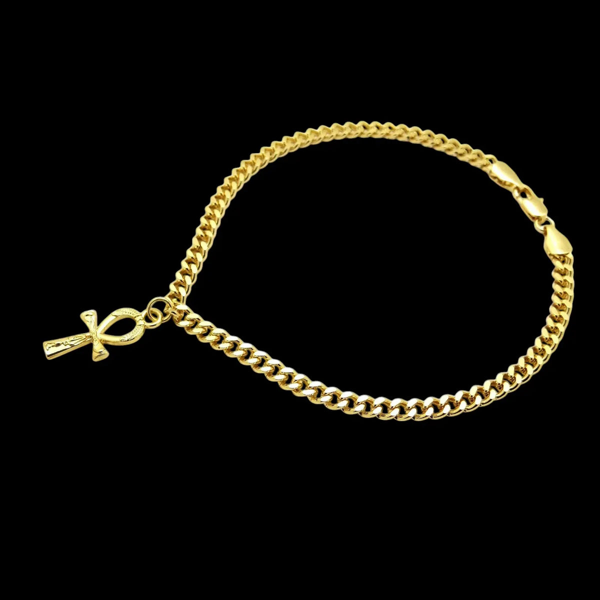 MaxBling81 Women's Nefertiti Egyptian Cross Ankh Logo Female Anklet - 4mm 10" Gold-Plated Cuban Chain, Polished Finish, Metal Coating, Goddess Aesthetic Casual Fashion Jewelry Accessory