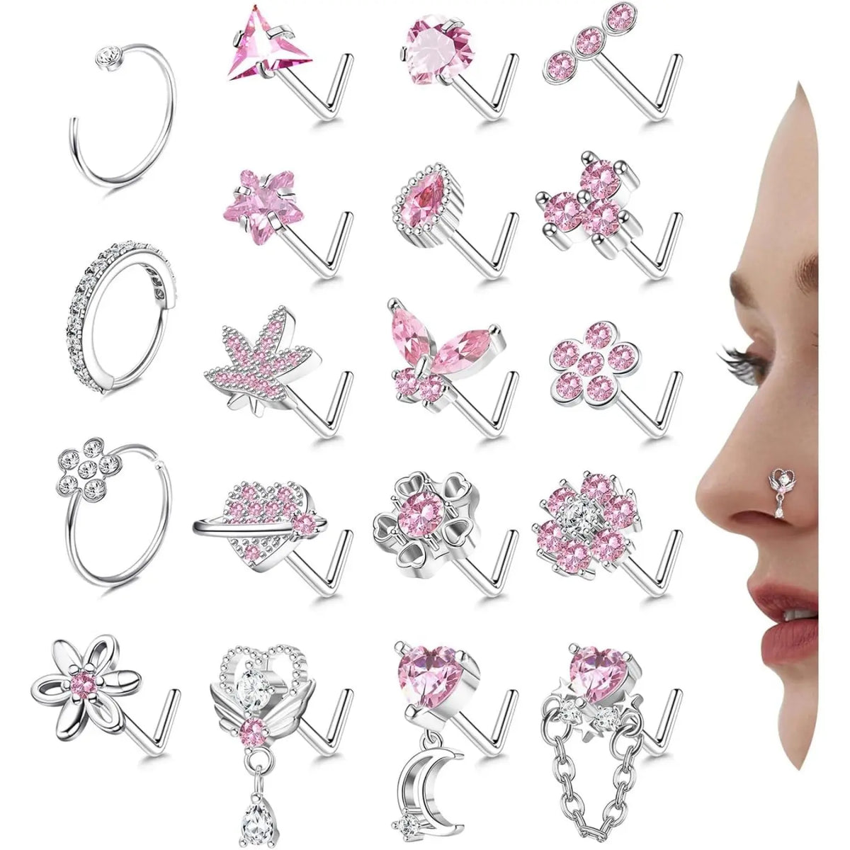 Women's 19-Pcs 20G (0.8mm) L-Shaped Hypoallergenic Nickel-Free Stainless Steel Nose Piercing Studs Set - Cubic Zirconia Butterfly, Heart, Flower Designs, Non-Tarnish Nose Ring Jewelry