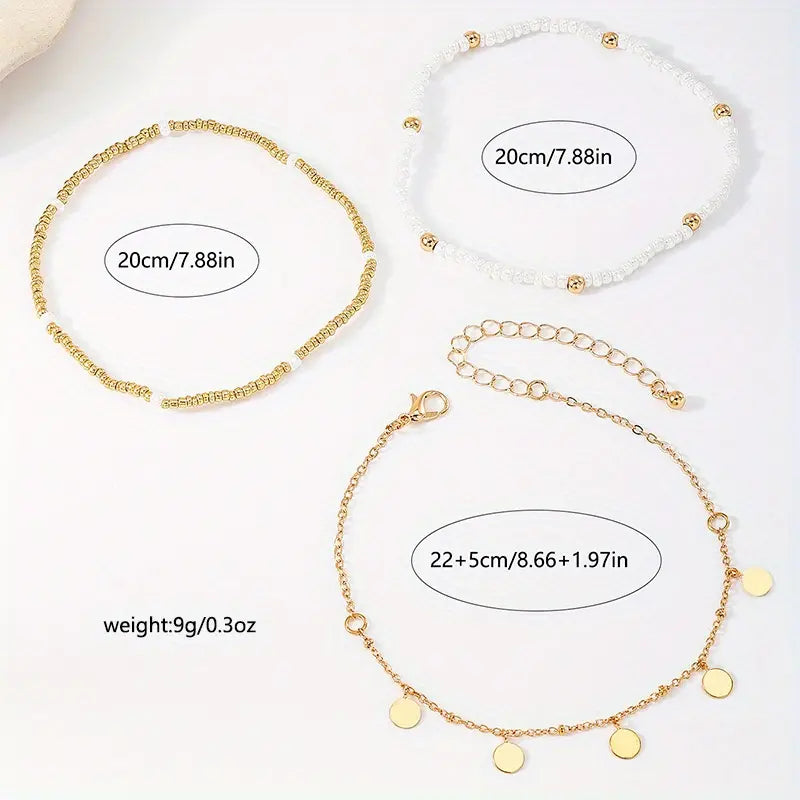 3Pcs Bohemian Rice Beads Anklet Set Multi-layer Ethnic Adjustable Handmade Seed Bead Women Ankle Chain Metal Round Piece Drop Foot Jewelry Vacation Travel Beach Bracelet Jewelry Stackable Foot Chain Set
