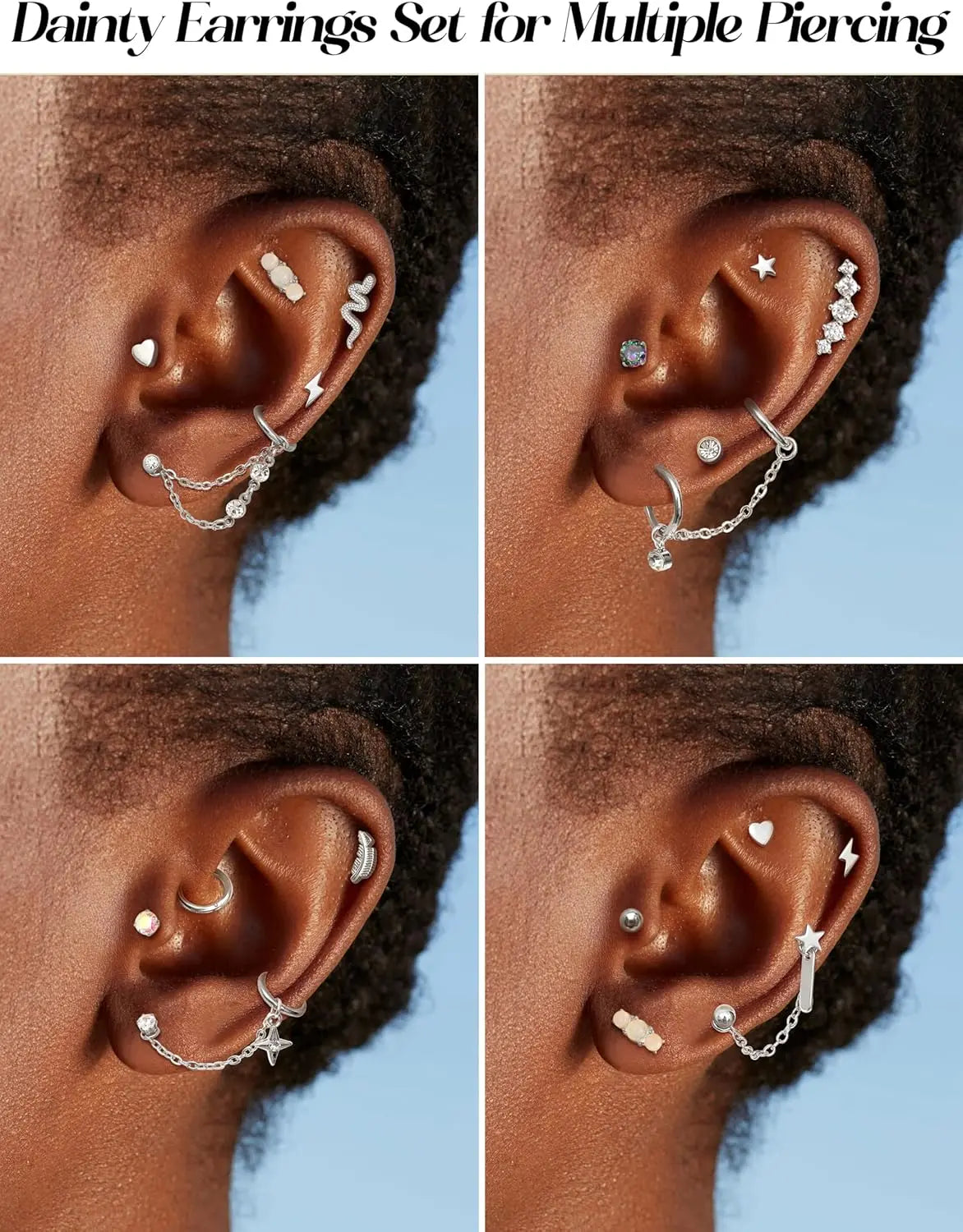 LOLIAS Women's 33Pcs 20G Surgical Steel Cartilage Earring Set - Hypoallergenic Flat Back/Push Back Studs, Hoops, 7 Chain Dangles, Trendy Iridescent Chain, CZ Opal Jewelry for Conch Piercings, Earring Stack, 10mm, Birthday Gift, Body Piercing Kit