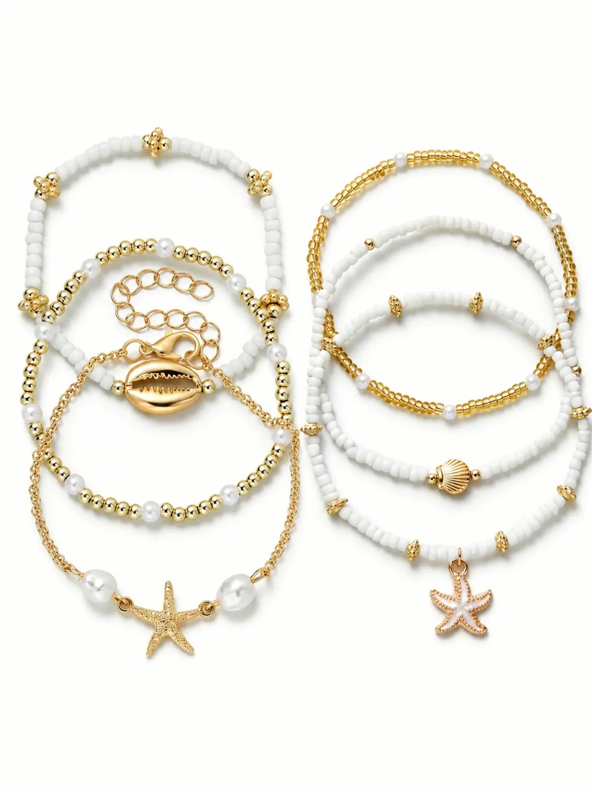 6 Pcs Bohemian Beach Style Enamel Starfish Rice Bead Anklets, Multi-layered Shell Beaded Jewelry Anklets for Casual and Vacation Wear, Boho Anklet