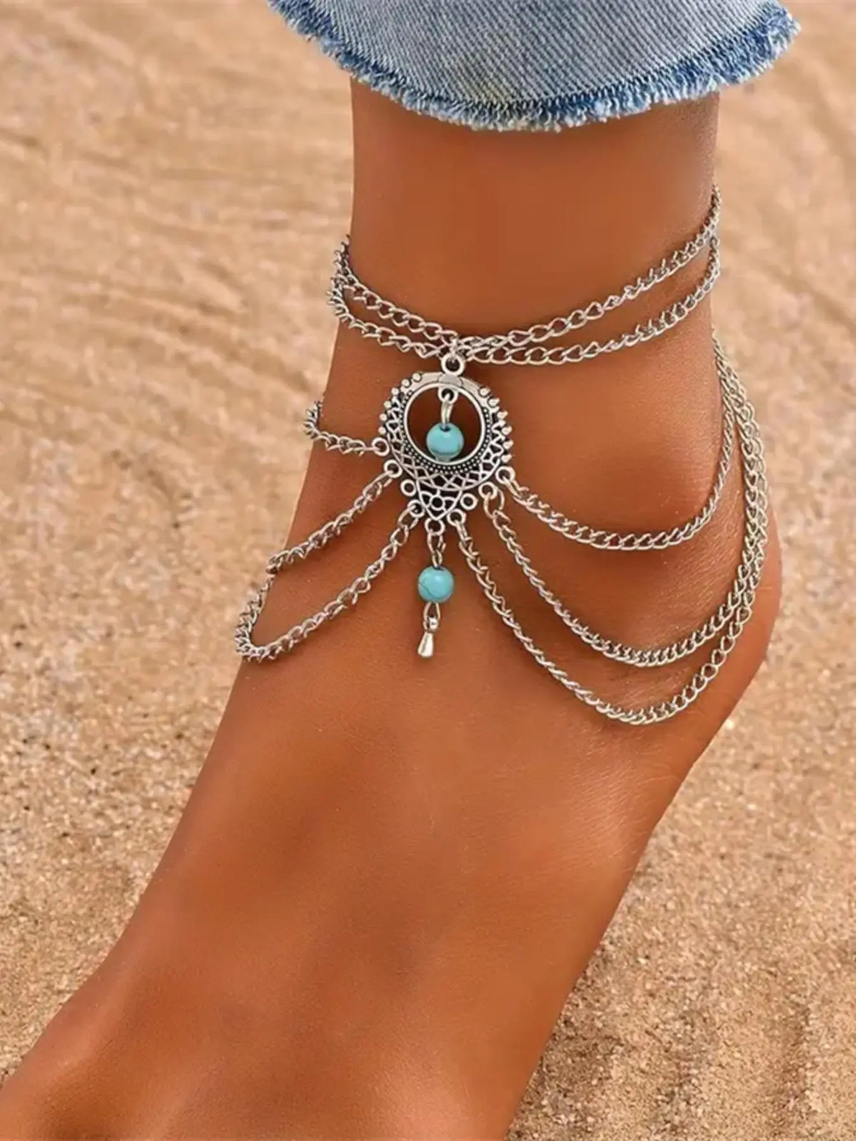 Boho Style Turquoise Beaded Decor Multi-layered Adjustable Strap Anklet, Foot Jewelry, Dainty Layered Anklet, Trendy, All-match & Exquisite Pendant Jewelry for Women & Girls for Party & Daily Cloth Decor, Jewellery, Trendy Fashionable Accessories