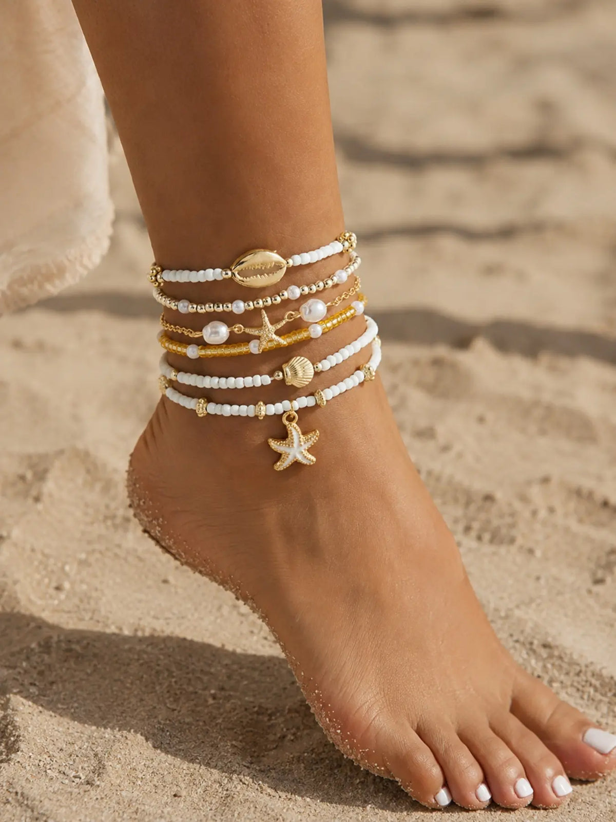 6 Pcs Bohemian Beach Style Enamel Starfish Rice Bead Anklets, Multi-layered Shell Beaded Jewelry Anklets for Casual and Vacation Wear, Boho Anklet
