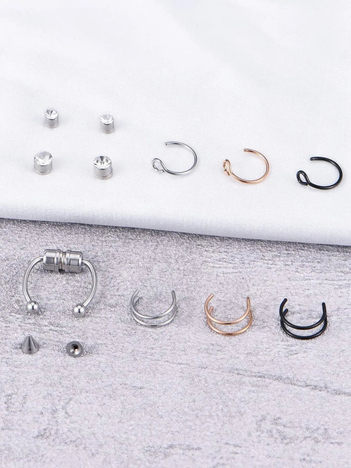 13pcs/set Rhinestone Decorated Faux Nose Rings, Stainless Steel Magnetic Nose Rings Set, Non-Piercing Body Jewellery for Women and Men, Fashion Accessories for Party and Daily Wear
