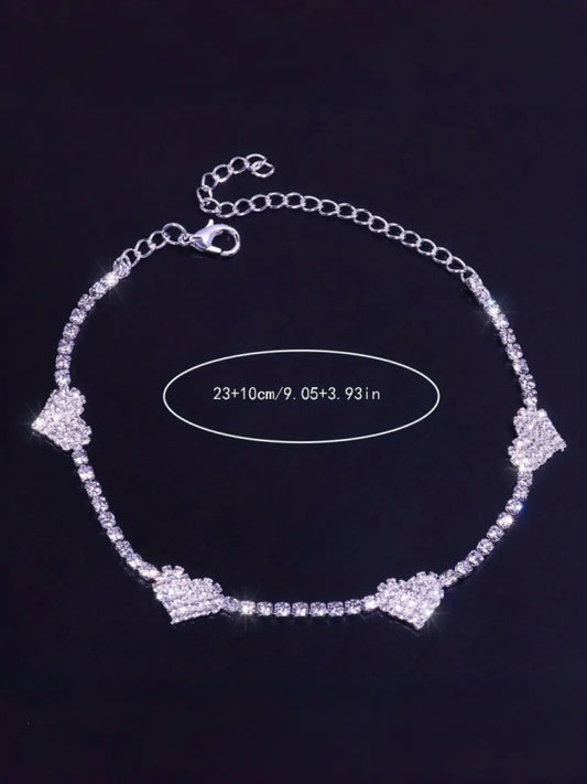 Heart Rhinestone Anklet, Sparkling Glamour Foot Jewelry, Trendy Jewelry, Casual Alloy Ankle Bracelet, Perfect for Beach, Vacation, Daily Wear, All Seasons, Jewellery