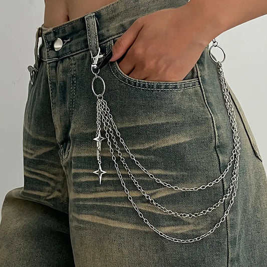 Women's Punk Metal Multilayer Star Pendant Body Chain - Geometric Chain, Star Shapes Daily Waist Jewelry, Hip Hop Dangle Jeans Accessory for Females
