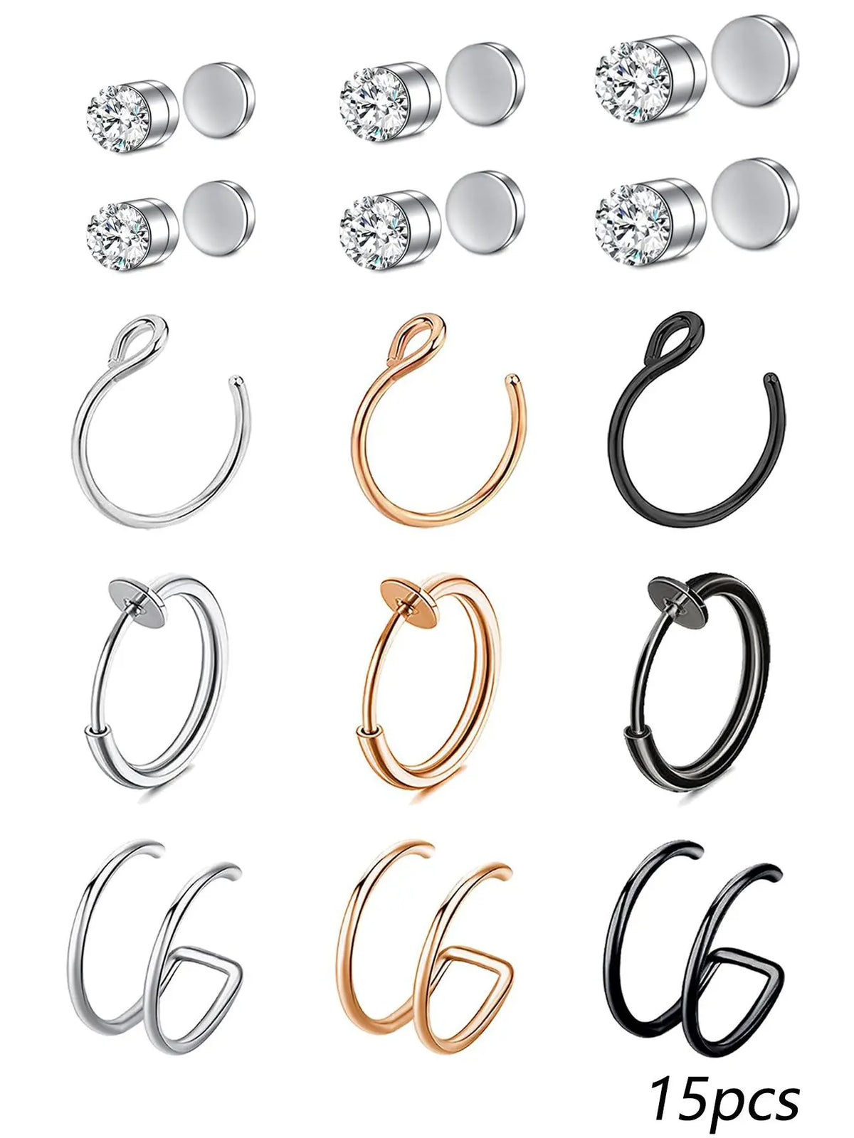 13pcs/set Rhinestone Decorated Faux Nose Rings, Stainless Steel Magnetic Nose Rings Set, Non-Piercing Body Jewellery for Women and Men, Fashion Accessories for Party and Daily Wear