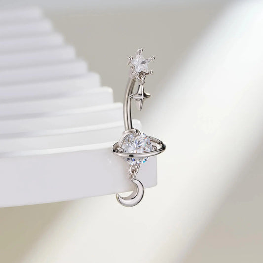 OUFER 14G Star & Moon Dangle CZ Belly Button Ring - Feminine Cosmic Navel Glow Stainless Steel Body Piercing Jewelry, Cute Piercing Accessory